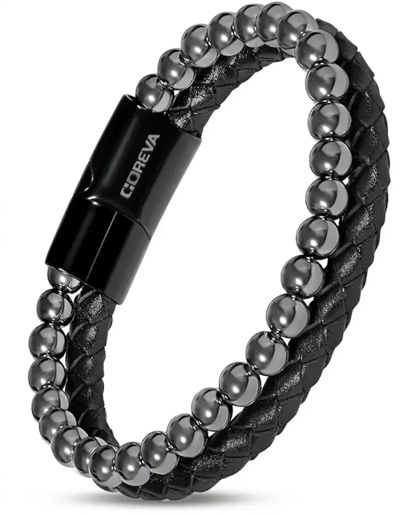 coreva-double-leather-hematite-magnetic-bracelet-black-grey